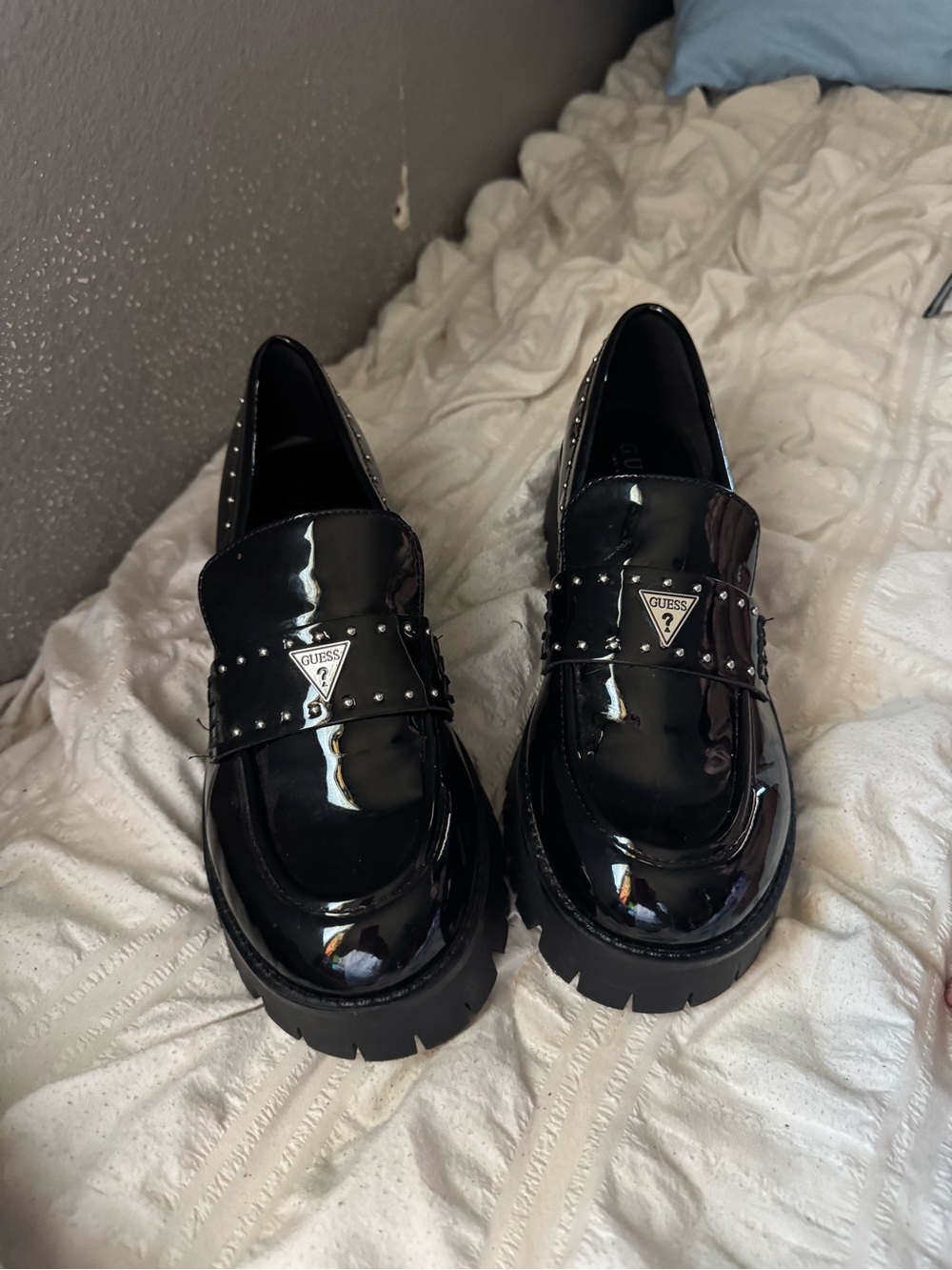 GUESS Black Patent Loafers with Studded Strap and Logo Plaque